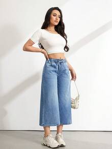 SHEIN Tall Quần jeans ống rộng dáng casual dành cho nữ, đã qua xử lý giặt. - Rửa trung bình - Xem 6