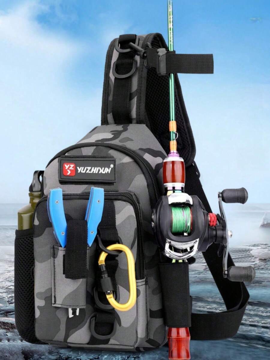 Hochwertige, strapazierfähige Angeltasche mit Rutenthalter und mehreren Fächern, hochwertiger Reißverschlussdesign, geeignet für Angeln und Outdoor-Aktivitäten, kann Angelzubehör aufbewahren, ein ideales Angelgeschenk für Männer und die perfekte Wahl für Angelausrüstung. - Verschiedenfarbig - Übersicht 1