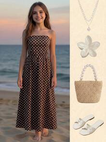 SHEIN Đầm ống chấm bi thắt eo cho bé gái tuổi teen, kiểu dáng đi nghỉ mát, đầm thường ngày cho trẻ em, đầm dài màu nâu cho bé gái, đầm hai dây màu nâu, đầm dài màu nâu, đầm chấm bi màu nâu. - Cà phê nâu - Xem 1