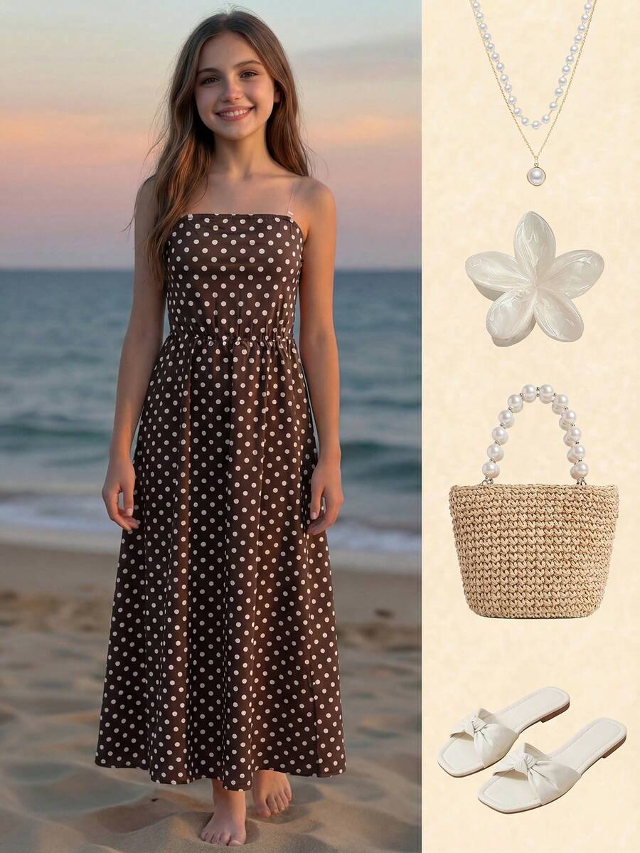 SHEIN Đầm ống chấm bi thắt eo cho bé gái tuổi teen, kiểu dáng đi nghỉ mát, đầm thường ngày cho trẻ em, đầm dài màu nâu cho bé gái, đầm hai dây màu nâu, đầm dài màu nâu, đầm chấm bi màu nâu. - Cà phê nâu - Xem 1