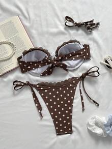 Swim Chiccia Elegante top de tankini con sujetador de acero con estampado de lunares y encaje acolchado, con Bottom de triángulo con lazos laterales, conjunto de 2 piezas de traje de baño - Multicolor - Ver 2