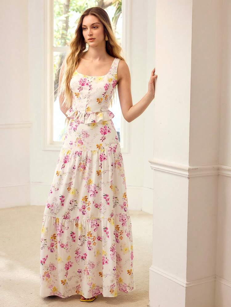 WOMEN'S ALLOVER FLORAL PRINT TIERED HEM SKIRT, SPRING/SUMMER