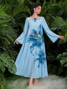 Al Najma Đầm maxi Thổ Nhĩ Kỳ dài tay cổ yếm màu vàng in họa tiết hoa 3D thanh lịch lãng mạn dành cho nữ mùa xuân/hè và áo abaya truyền thống Ả Rập. - Màu xanh lam - Xem 4
