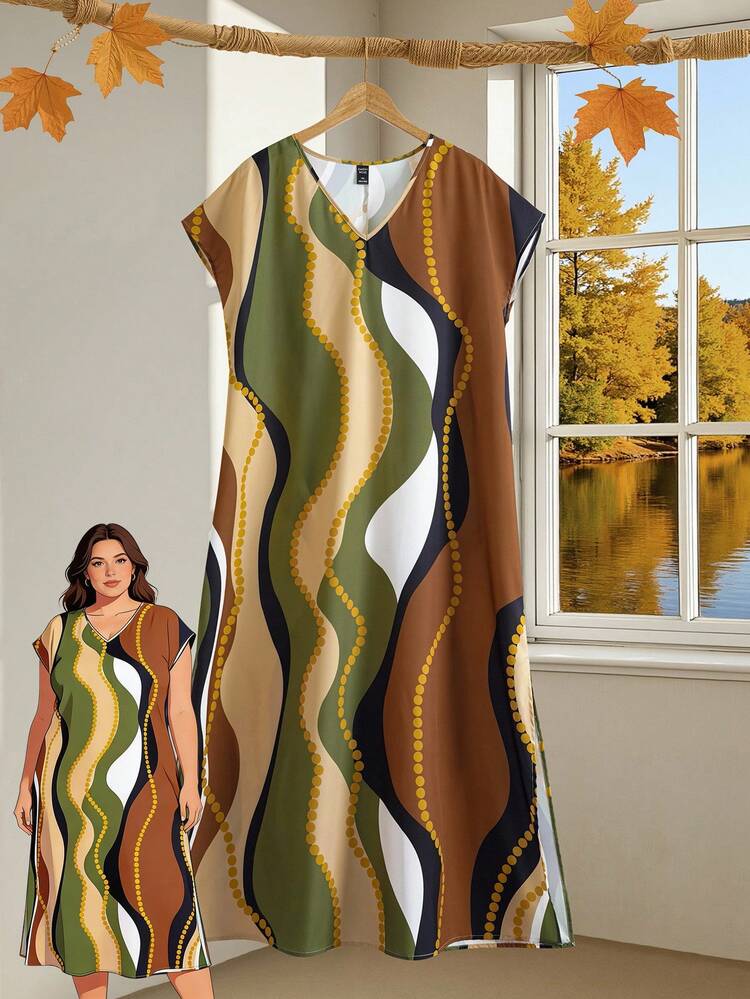 Plus Size Women's Wavy Striped Geometric Print V-Neck Bat Short-Sleeved Side Slit Country Vacation Long Dress,Spring And Summer