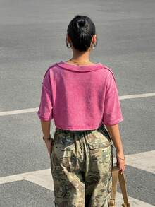 Muchica Rose Red V-Neck Knit Women's Cropped Pocket Casual Short Sleeve T-Shirt,Summer Top - Hot Pink - View 2