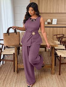 Weeklong Plus Size Women's Round Neck Sleeveless Metal Buckle Decor Waist Casual Suit, Spring/Summer - Purple - View 6