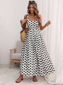 A-Line Midi Dress With Pleated Back, Fitted Waist, Wide Straps And U-Neck, With Back Adjustment, In A Romantic Style Of Large Polka Dots, Elegant Retro French Minimalist, Suitable For Office, Travel, Business, Casual, Beach, Resort, Spring/Summer - 黑白 - 查看 7