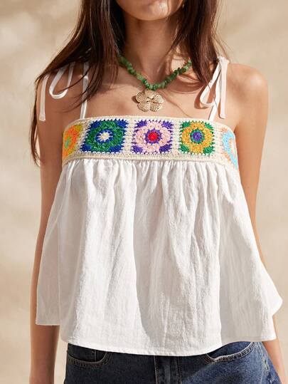 Easelle Women's Crochet Embroidered Tie-Up Camisole, Perfect For A Beach Vacation. White Top, Spring/Summer 2026.