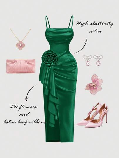 SHEIN MOD Vestido de satén con abertura alta y detalles florales 3D, cuello drapeado y volantes - Perfecto para vacaciones, ocasiones románticas, ropa de playa, citas, picnics, fiestas, bailes de graduación, festivales y cumpleaños; Estilo vintage romántico de corte