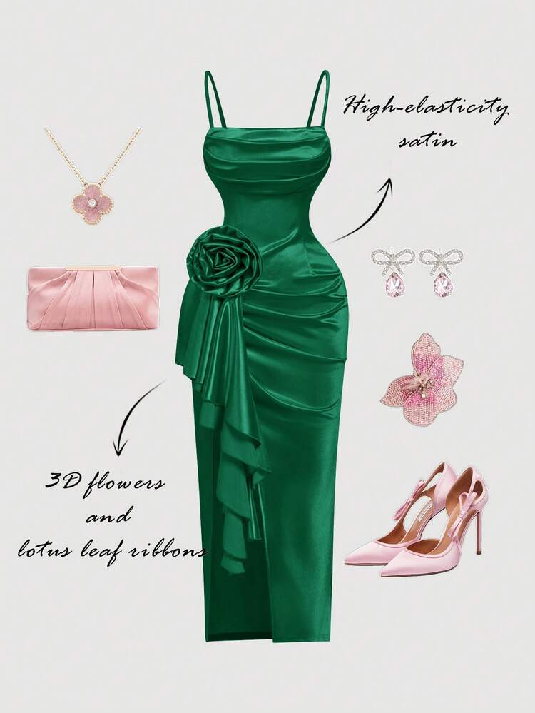 Skyraze Emerald Green Summer Elegant Day Party Dreamy 3D Floral High-Slit Satin Dress,Draped Neckline Ruffle Details, Vintage Court Style For Women