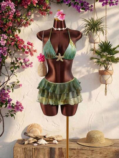 Swim SXY 女士优雅度假沙滩性感露背挂脖系带数码印花金属海星比基尼套装，搭配多层荷叶边印花网纱迷你裙三件套泳装，春夏秋季