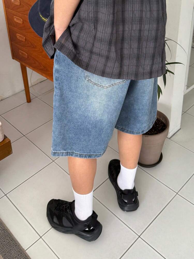 Blue Washed Distressed Elastic Waist Men's Denim Shorts