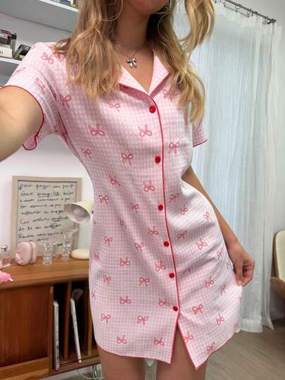 蝴蝶结格纹印花甜美撞色滚边衬衫领宽松短袖迷你睡裙（女款）