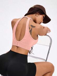 SHEIN Sports 女士纯色挂脖式休闲日常健身运动文胸 - 粉色 - 查看 3