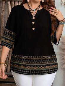 EMERY ROSE Kemeja Wanita Lengan Pendek Kasual Leher V dengan Kancing Motif Geometris, Atasan Musim Panas - Hitam - View 7