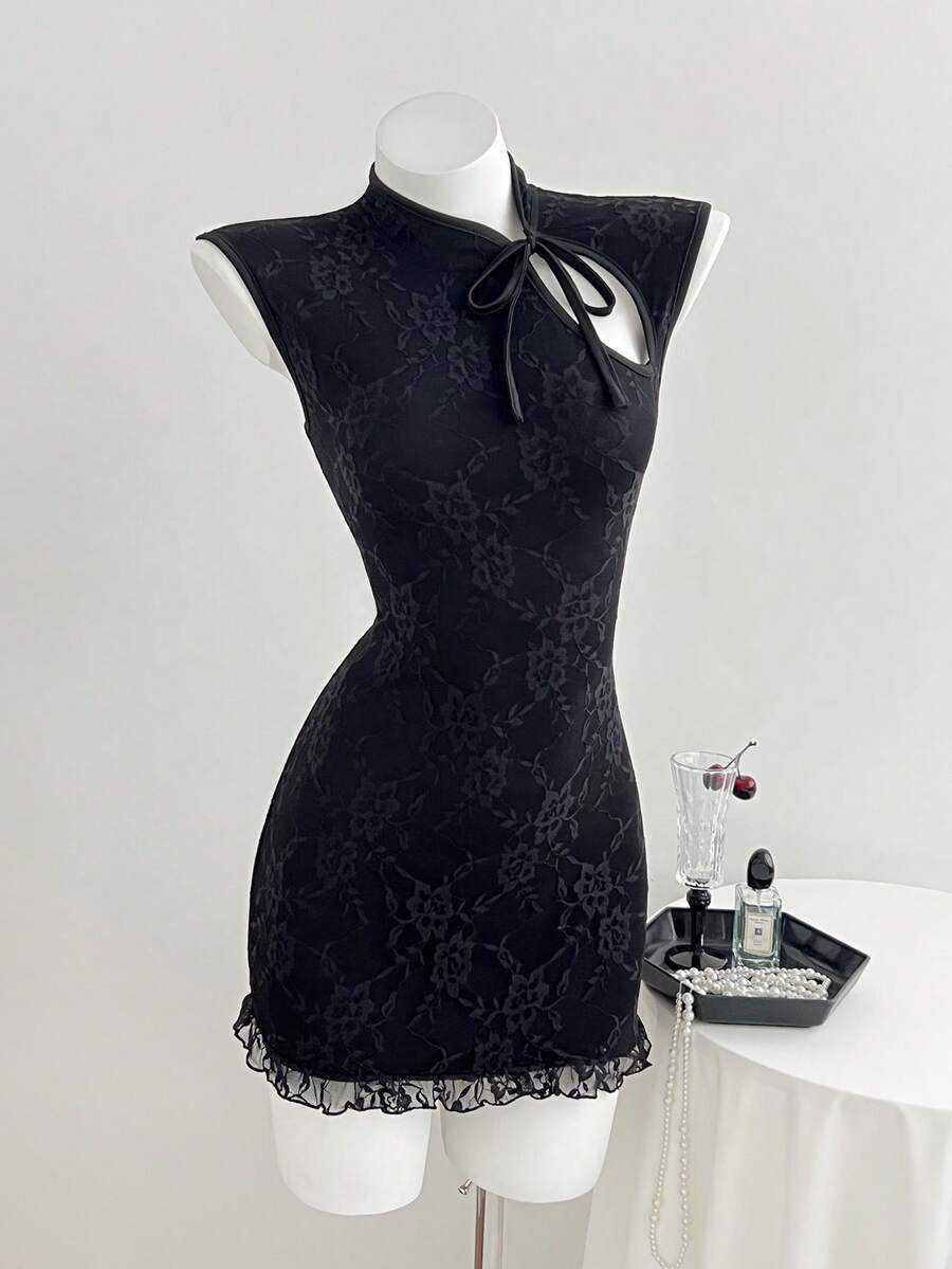 Elamini Đầm không tay thanh lịch dành cho nữ với thiết kế cổ buộc dây. - màu đen - Xem 1