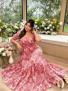 Sunnyshic 大码女士优雅方领碎花高腰荷叶边连衣裙 - 彩色 - 查看 1