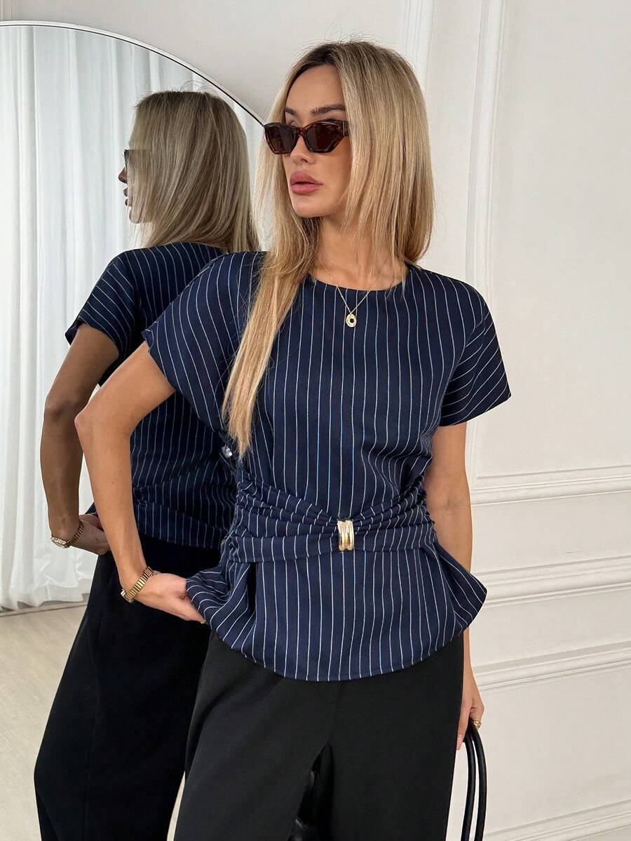 Women's Striped Print Ruffle Crew Neck Short Sleeve Blouse, Summer - Navy Blue - View 1