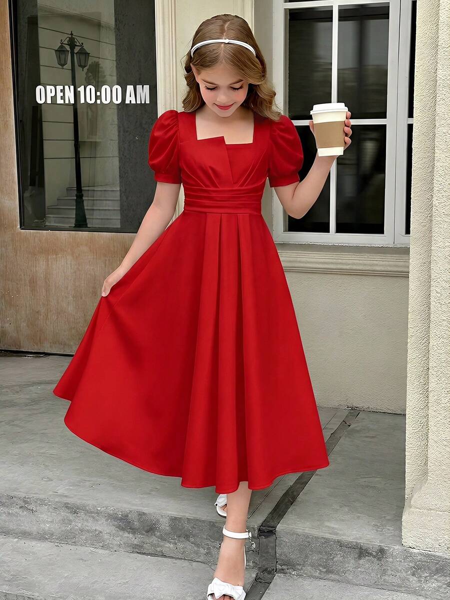 SHEIN 少女船领收腰优雅泡泡袖连衣裙 - 紅色 - 查看 1