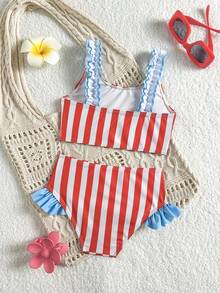 Souflis Souflis 2pcs/Set Young Girl' Red Simple Striped Comfortable Knit Ruffle Swimwear,Bikini Sets For Summer,Beach,Family Vacation,Independence Day Bathing Suit - Multicolor - View 2