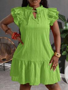 Slaydiva Vestido de talla grande de unicolor con cuello de corbata, mangas con volantes y dobladillo con volantes, vestido de verano - Verde - Ver 3