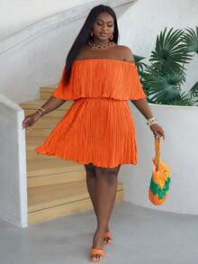 Slaydiva Off-Shoulder Ruffled Neckline Loose Green Dress In Pleated Fabric - Orange - View 6