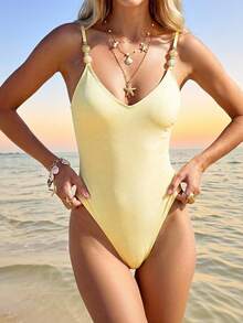 Women's Summer Beach Vacation Bright Yellow Beaded Decor One-Piece Swimsuit,Lemon Yellow, Adjustable Spaghetti Strap Printed One-Piece Swimsuit, Backless High-Cut, Suitable For Vacation - Light Yellow - View 6