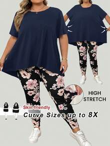 SHEIN CURVE+ Bộ đồ nữ cỡ lớn mùa hè gồm áo thun cổ tròn tay ngắn màu trơn vạt lệch và quần dài in hoa, thích hợp cho kỳ nghỉ hè/quê hương/bãi biển/trang phục đi biển. - Màu xanh hải quân - Xem 6