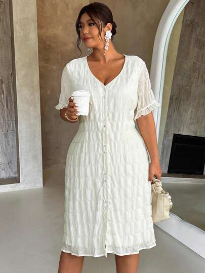 Firerie Plus Size Women V-Neck Short Sleeve Single-Breasted Casual Dress White Dress Plus Size Casual Summer Dress For Women  Plus Size White Dress Casual White Casual Dress Off White Dress For Plus Size Women