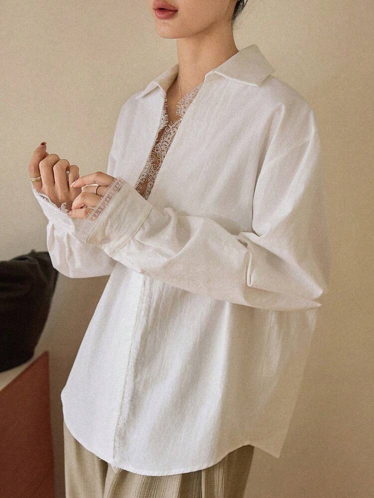 Spring/Summer Lace Patchwork Long Sleeve Elegant Casual Shirt For Women, Suitable For Dates, Weddings, Commuting Business Casual Woman