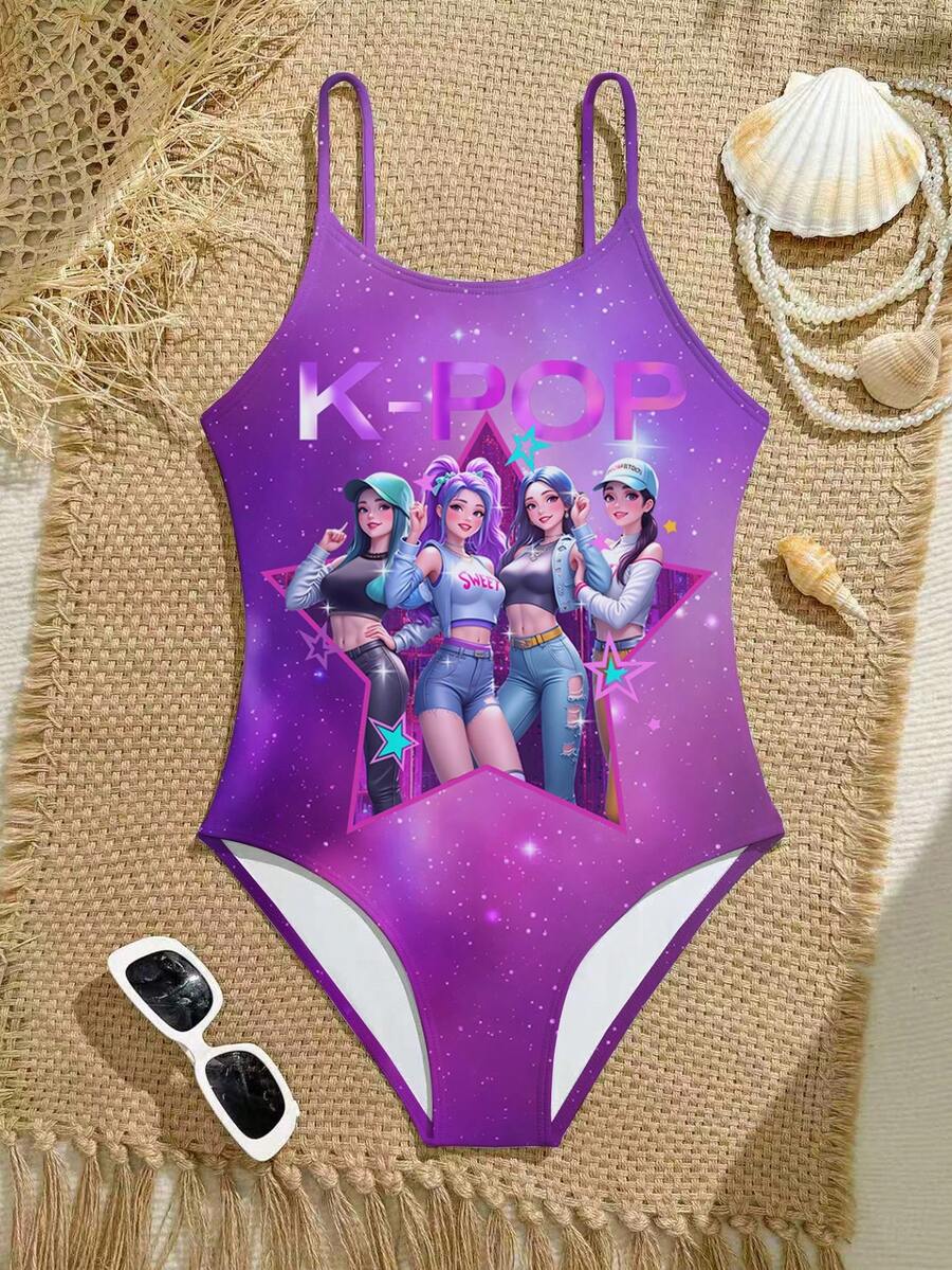 SHEIN Baju Renang Terusan Motif K-POP Warna-warni untuk Anak Perempuan, Cocok untuk Liburan Pantai Musim Panas, Pesta Renang, dan Kolam Renang - MultiWarna - View 1