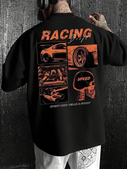 Camiseta para hombre de poliéster en color negro con estampado de coches de carreras drift y gráficos de racing en naranja – estilo deportivo casual transpirable,Esta camisa casual de manga corta y cuello redondo para hombre presenta un estilo elegante y relajado, ideal para el día a día y para ir a la escuela. Confeccionada en un tejido cómodo, es una prenda esencial para el verano. Una camisa por paquete, lavable a máquina.