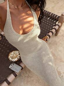 SHEIN SunnyBelle Women's Spring/Summer Island Vacation Casual Sexy Backless Hollow Knit Bodycon Dress - Beige - View 1
