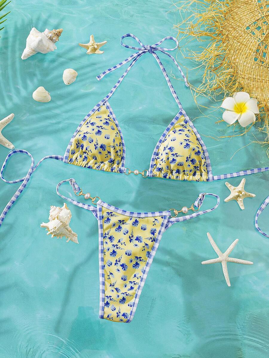 Swim Vcay 女士夏季沙滩罗纹滚边挂脖式超三角比基尼泳衣 - 彩色 - 查看 1