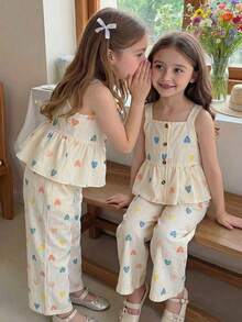 SHEIN Genkimix Kids Conjunto de 2 piezas de estilo europeo y americano para niñas en verano, con top de tirantes con estampado de corazones + pantalones de pierna ancha, de tela de algodón con textura de burbujas, suave y agradable a la piel, apropiado para niñas de 4 a 7 años, adecuado para jugar al aire libre - Albaricoque - Ver 4