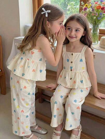 SHEIN Genkimix Kids 欧美风女童夏季爱心印花吊带背心+阔腿裤两件套，采用质感泡泡棉面料，亲肤舒适，甜美可爱，适合4-7岁女童，适合户外玩耍