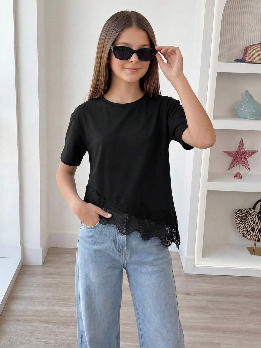 SHEIN 少女休闲纯色蕾丝拼接短袖T恤，夏季 - 黑色 - 查看 1