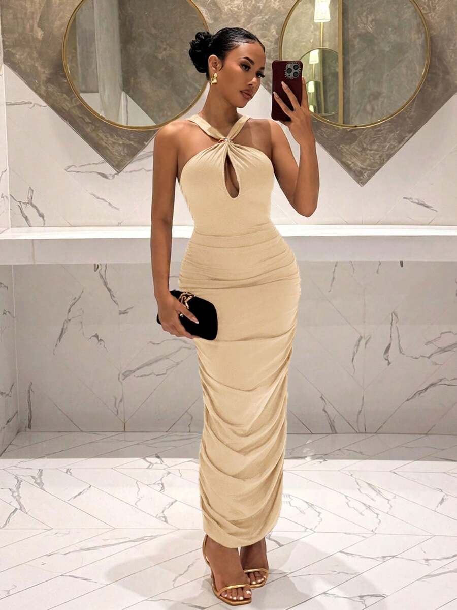 Slaydiva Vestido midi morado-rojo con cuello halter, recortes y decoración metálica para mujeres - Champán - Ver 1