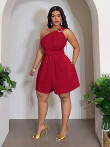 Slaydiva Bộ đồ liền thân ngắn cỡ lớn màu trắng trơn, chất liệu vải voan mỏng, không tay, lệch vai, khóa kim loại trang trí, thắt eo, có túi, dành cho người có vóc dáng mũm mĩm - A - Hàng mới về mùa Xuân/Hè. - Đỏ - Xem 3