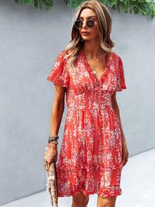 Breezaya Robe à imprimé floral marguerite avec bordure en laitue, tenue de vacances à la plage pour femmes - Rouge - Voir 6