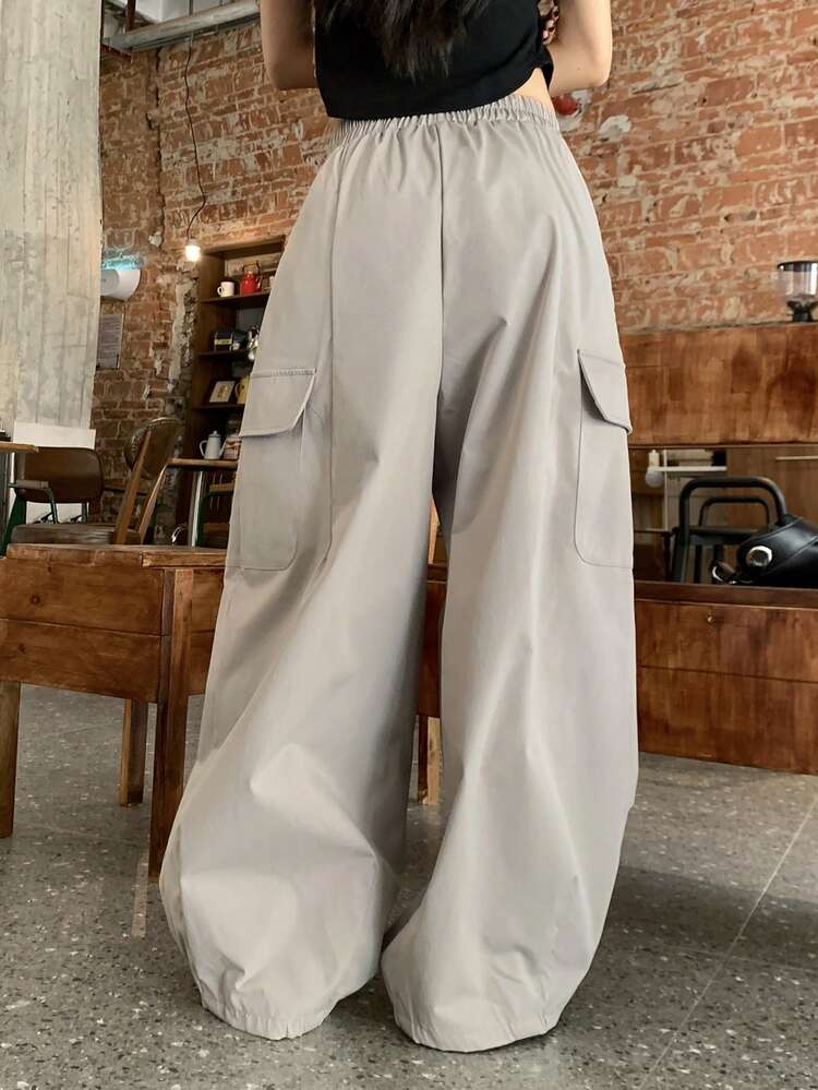 Women's Loose Elastic Waist Casual Pocket Pants, Suitable For Sports, Vacation, Summer