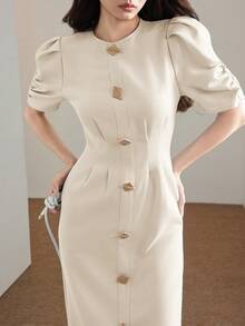 Heiryn New Arrival Waist Ruched Puff Sleeve Metal Button Decor Commuter Versatile Dress - Apricot - View 3
