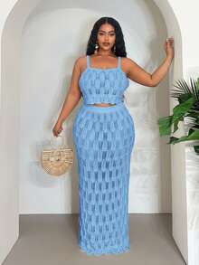 Veslaya Ensemble 2025 nouveau top court sans manches évidé sexy/vacances/élégant et jupe maxi moulante - Bleu ciel - Voir 3