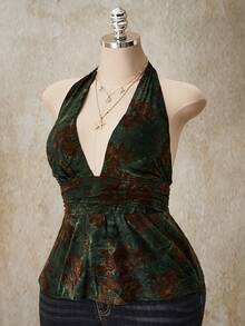 SHEIN ICON Camiseta sin espalda con lunares, estilo retro Y2K, con cuello en V, cintura ceñida y línea A, para tallas grandes. Camiseta de tirantes con lunares y escote halter, estilo babydoll con espalda descubierta. - Verde - View 7