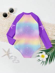 少女渐变星形卡通印花连体泳衣，插肩袖半拉链设计，沙滩/度假风 - 彩色 - 查看 2
