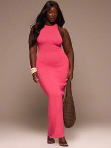 MUSERA Plus Size Sequin Knit Racerneck Fitted Maxi Dress Sexy Elegant Spring Summer Vacation Wedding Guest Occasion Ibiza Beach Golden Sands Fall - Hot Pink - View 5