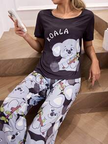 SHEIN Bộ đồ mặc nhà và dã ngoại thường ngày dành cho nữ, in hình gấu Koala ngộ nghĩnh. - màu đen - Xem 1