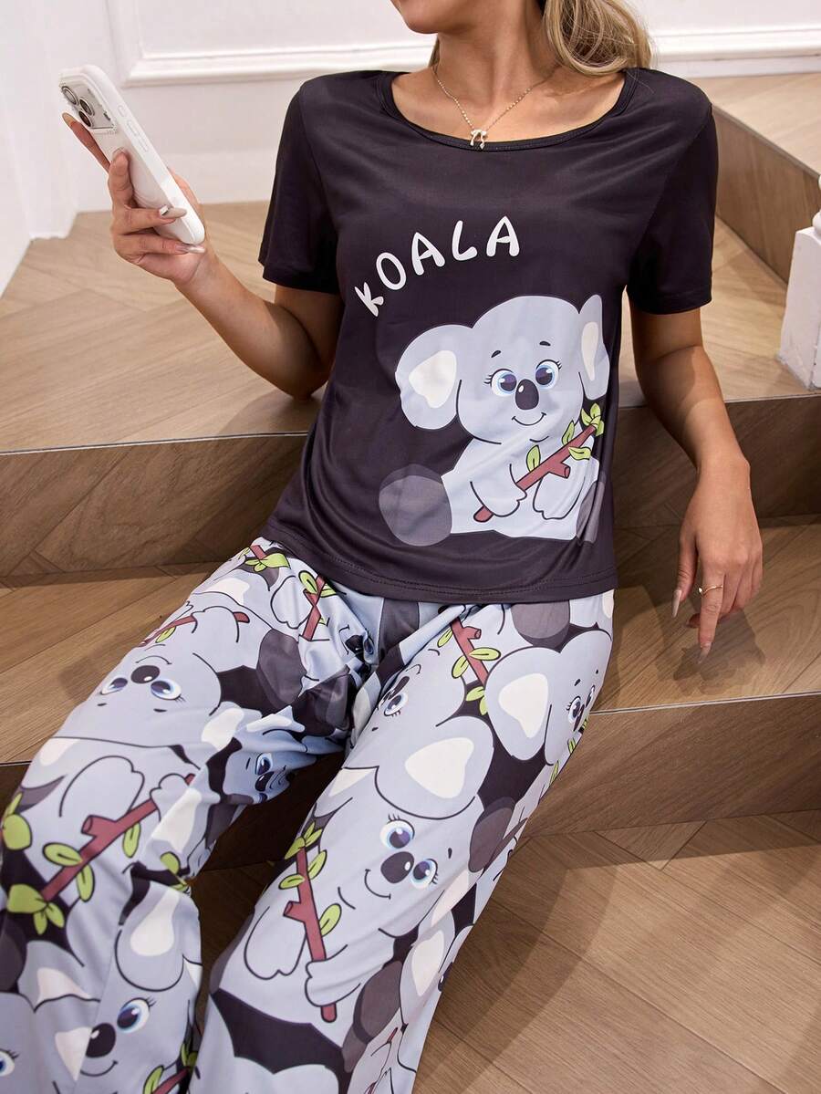 SHEIN Bộ đồ mặc nhà và dã ngoại thường ngày dành cho nữ, in hình gấu Koala ngộ nghĩnh. - màu đen - Xem 1