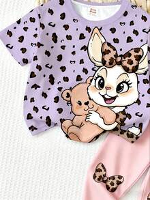2pcs/Set Baby Girls Cute Rabbit & Leopard Print Top And Leggings Set,Summer Casual Purple Family Matching Round Neck T-Shirt And Skinny Pants Outfit - White - View 6