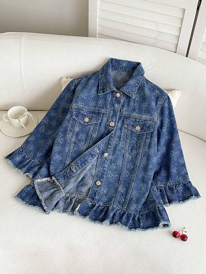 Elamini Áo khoác denim nữ kiểu dáng thường ngày in hoa, có bèo nhún ở gấu áo, thích hợp cho mùa xuân và mùa thu, phong cách thời trang nghỉ dưỡng.